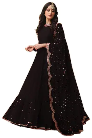 Ethnic Yard Georgette Embellished Semi Stitched Anarkali Gown With Dupatta Color Black
