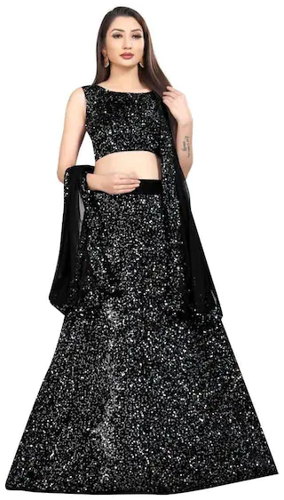 Manvaa Women Black Velvet Embellished Lehenga Choli