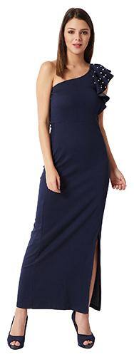 Women Navy Blue One-shoulder Sleeveless Cotton Solid Ruffled Pearl And Slit Detailing Maxi Bodycon Dress