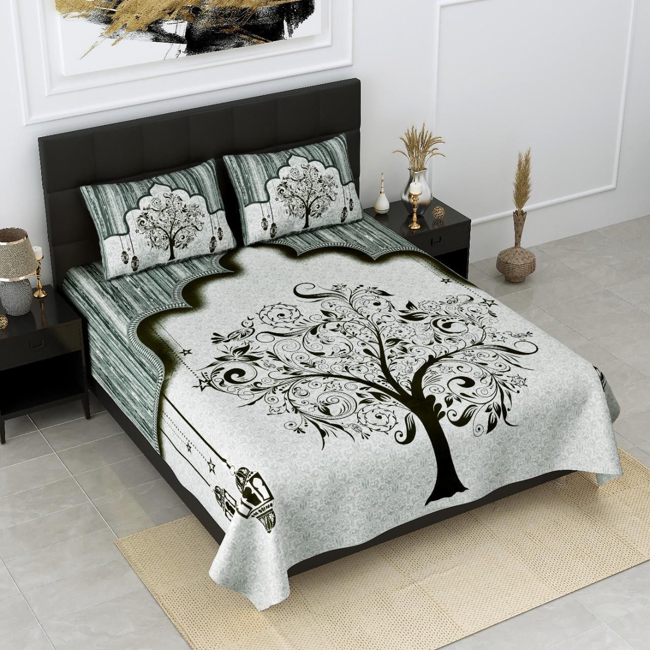 King Size Cotton Bedsheet 3 Pc Set Tree Pattern